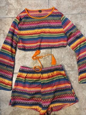 SHEIN Multicolor Striped Knit Crop Top with Orange Trim
